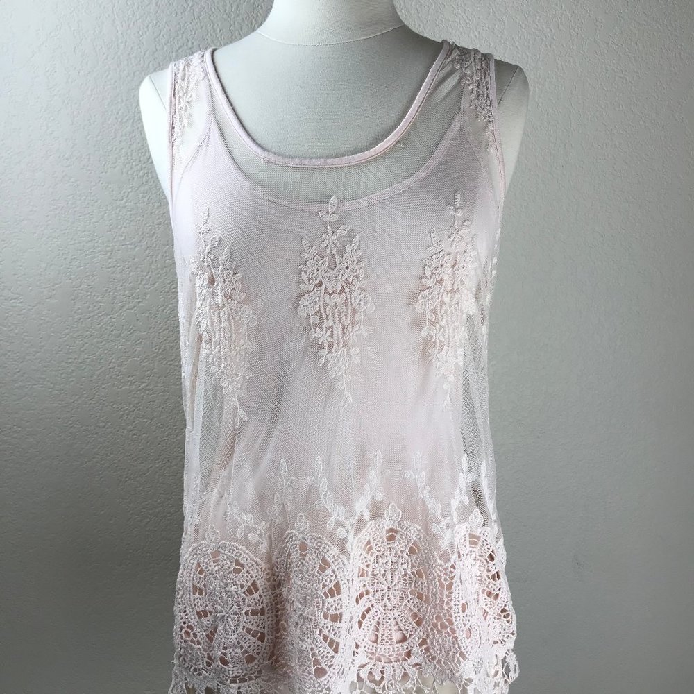 INC Baby Pink Embroidered/Lace Boho Top Small